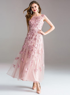 Elegant Gauze Embroidery Big Hem Prom Dress